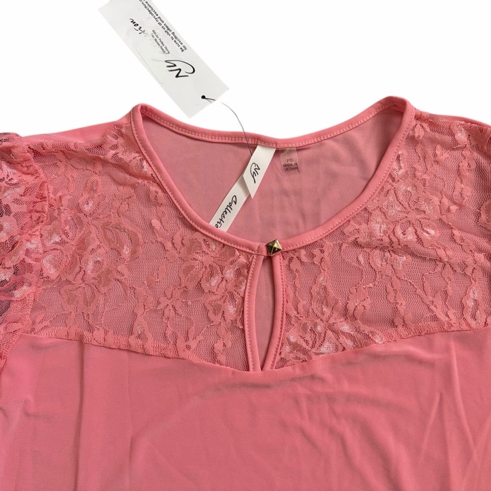 NWT NY Collection Lace Puff Sleeve Blouse Top Pink Romantic Petite Small PS - Picture 7 of 12